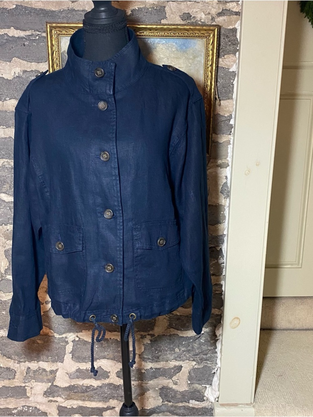 Talbots Navy Button-Front Utility Jacket with Drawstring Hem